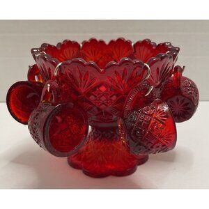 Westmoreland Red Mini Punch Bowl 6 Cups Hooks Thumbelina File Fan 1983 Glows NEW